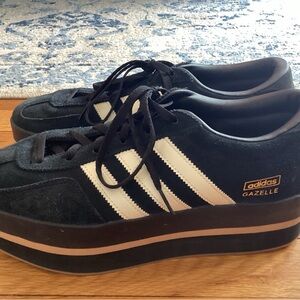 adidas Gazelle Platform Sneakers - Black with White Stripes and Tan Accent
